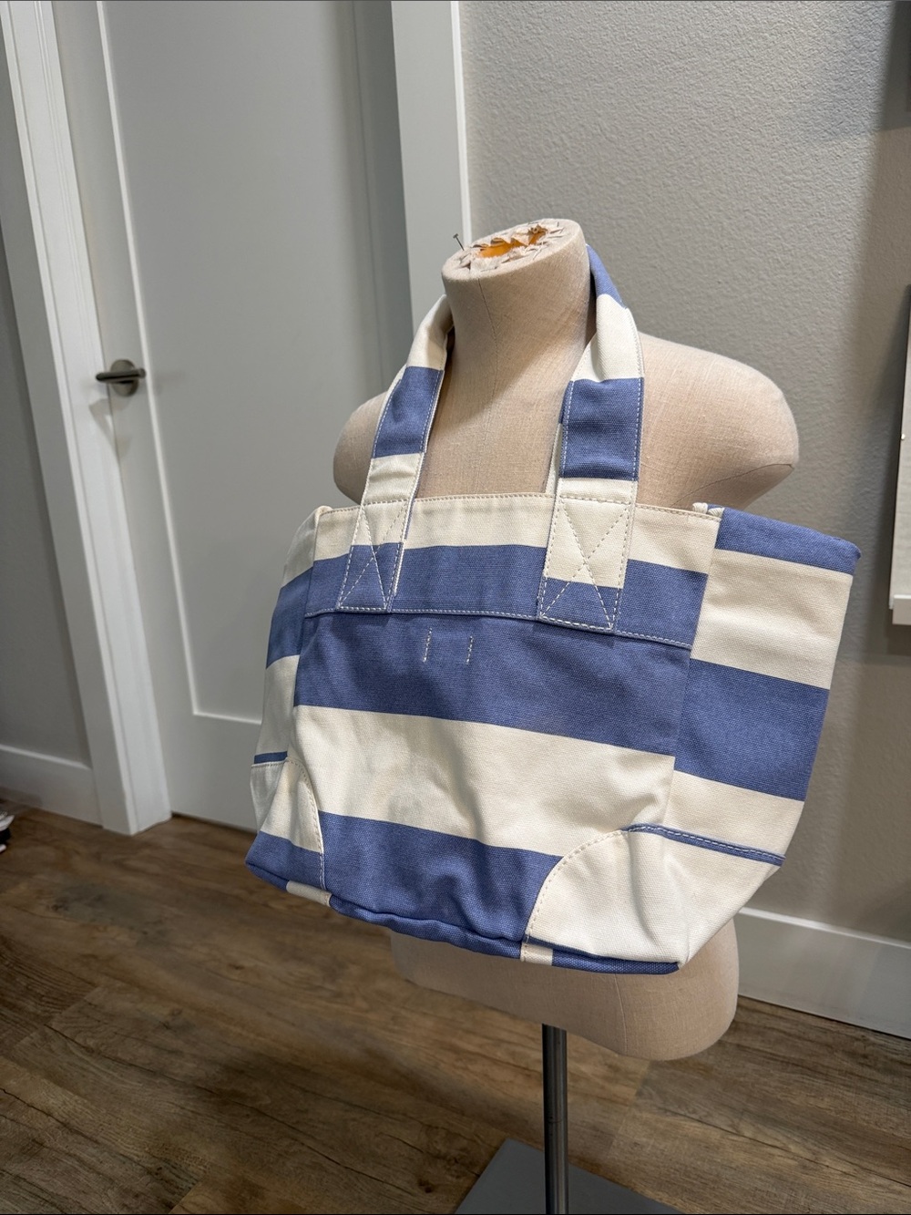 J. Crew Blue and Cream Striped Canvas Tote with Front Pocket
